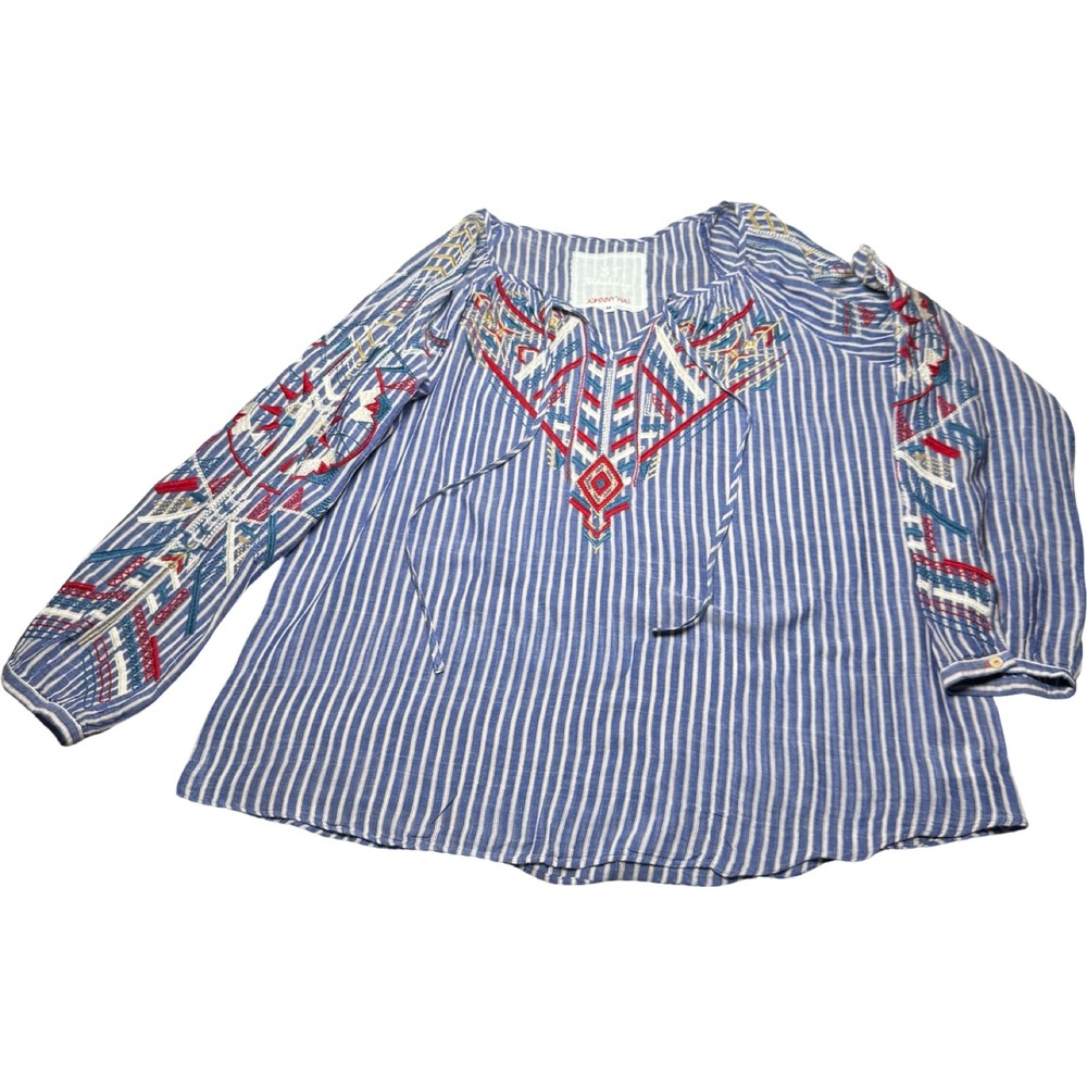 Johnny Was SJ Workshop Embroidered Striped Peasant Blouse Blue Women's M